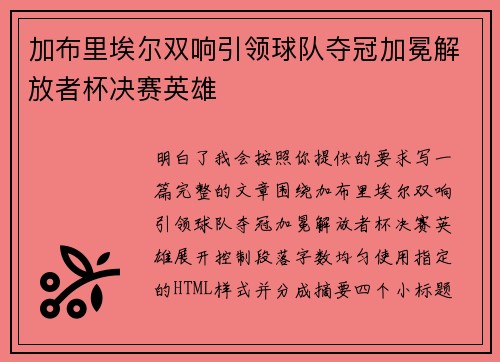 加布里埃尔双响引领球队夺冠加冕解放者杯决赛英雄